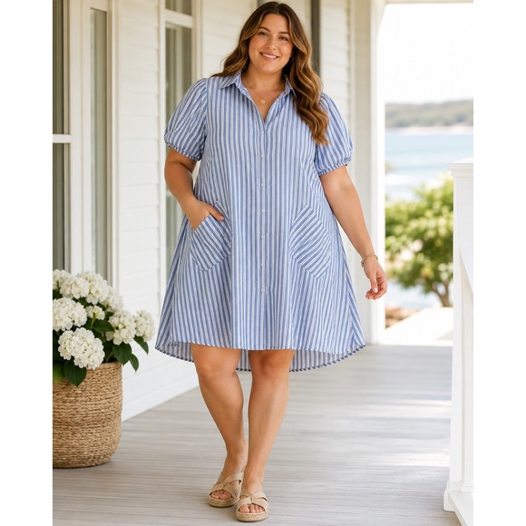 Meadow Rhodes Dresses & Skirts - Anthropologie Meadow Rhodes Shirt Dress Size 1X Blue Stripe Puff Sleeve High-Low